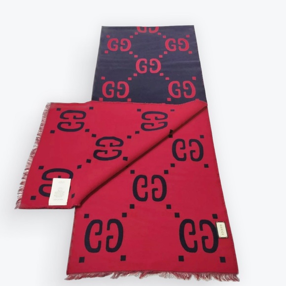 Auth Gucci GG Jacquard Navy Blue Red Wool Silk Scarf Wrap Stole On Sale Now - Picture 8 of 11